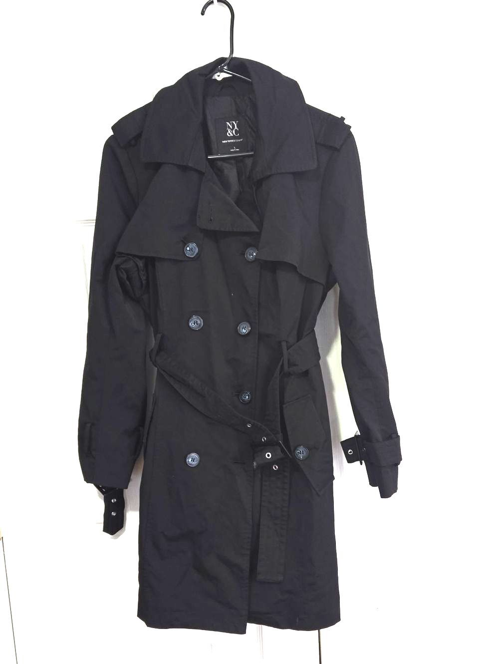 New York & Company Black Double-Breasted Trench with Belt L